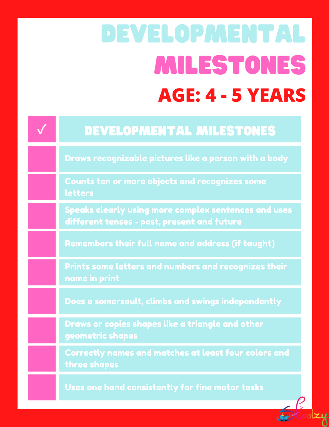 Developmental milestones 4-5 years old