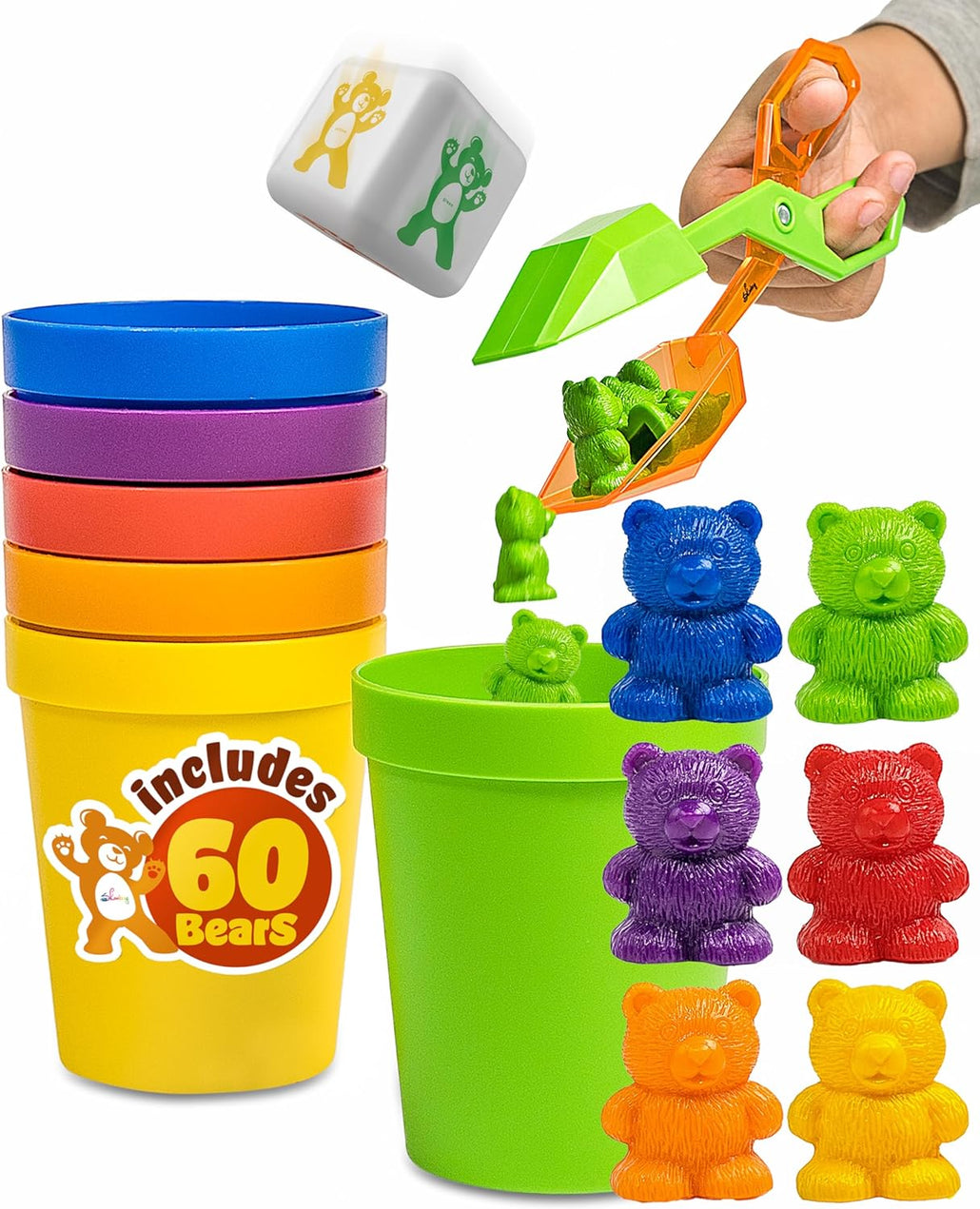 Skoolzy Rainbow Counting Bears with Matching Sorting Cups, Dice, Tongs. 70pc<p><font><small><b>SK-016</b></small>