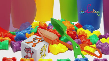 Rainbow Stacking Bears with Matching Sorting Cups 69 Piece Set, 60 Bear counters, Scissor Tongs, Rainbow Cups, Storage Bag, Sorting dice Game