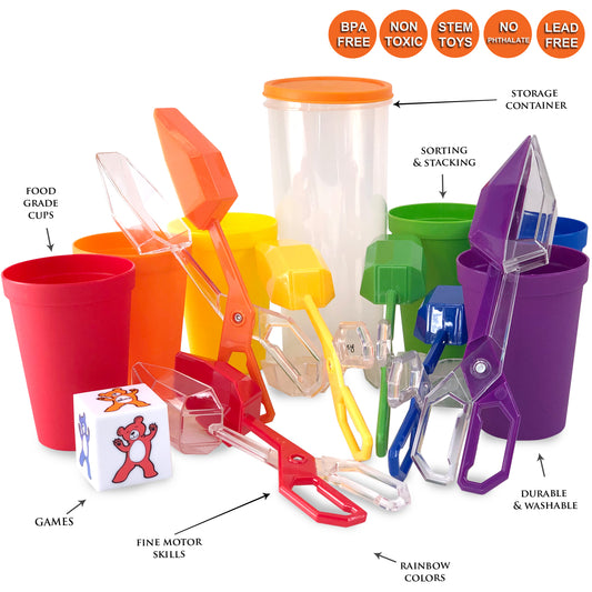 Fine Motor Skills Toys - Color Sorting Toys for Toddlers Tools Set - Sensory Bin Rainbow Cups, Dice and Scoop Tongs for Kids Montessori Materials Ages 3+