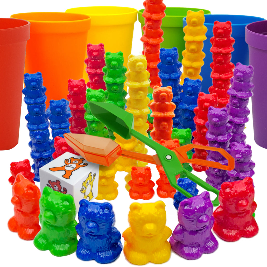 Rainbow Stacking Bears with Matching Sorting Cups 69 Piece Set, 60 Bear counters, Scissor Tongs, Rainbow Cups, Storage Bag, Sorting dice Game